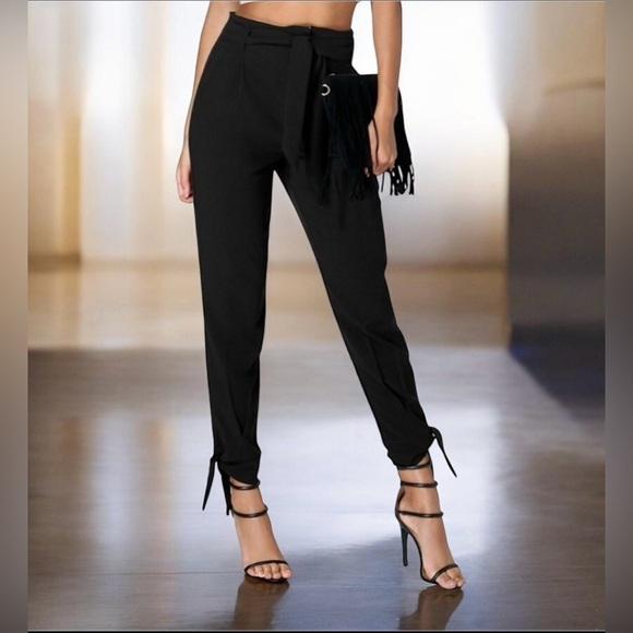 Boohoo Black Tie Ankle Belted Career Pants Size 6 - Picture 1 of 11